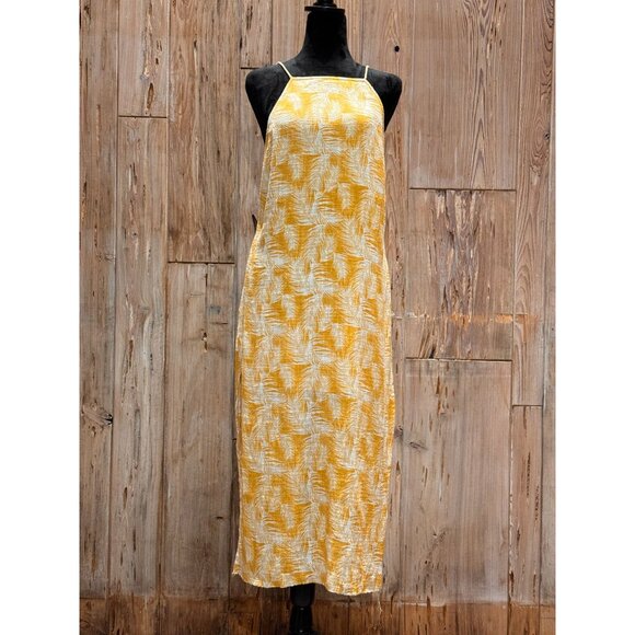 Yellow & White Palm Print Rue Stiic Womens Midi Dress With Spaghetti Straps & Op - Picture 1 of 9
